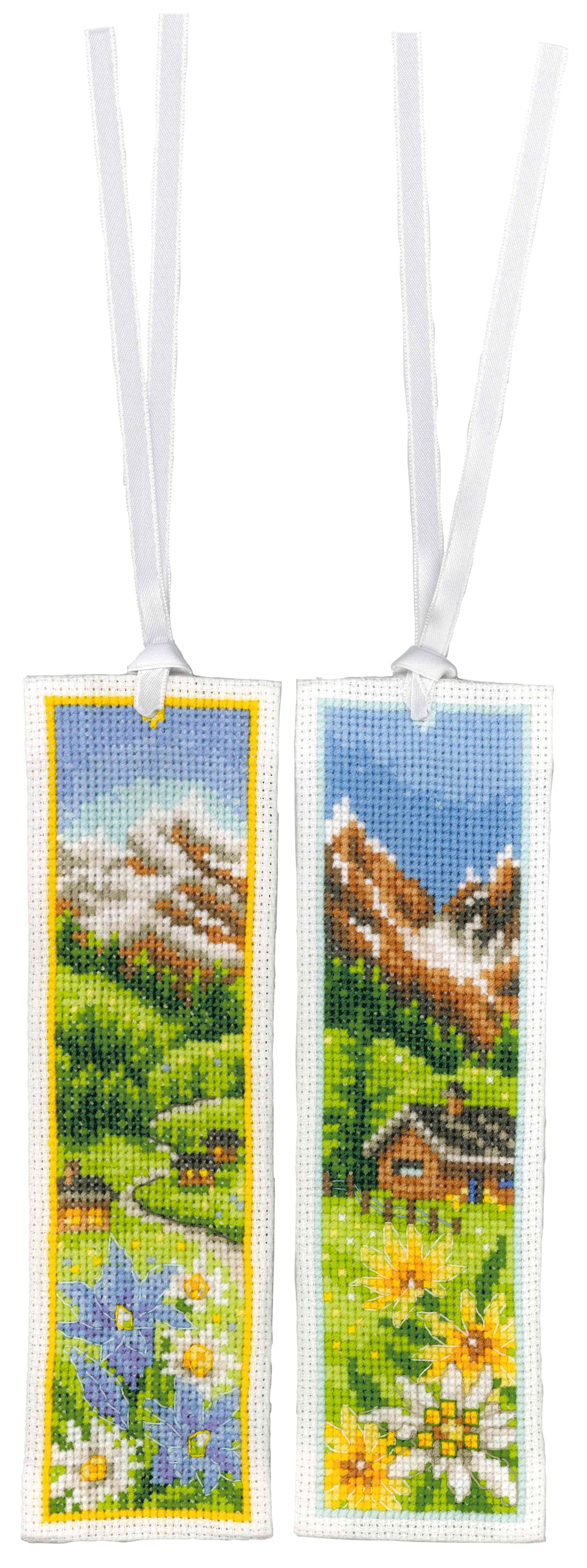 Two cross stitch bookmarks with alpine flowers
