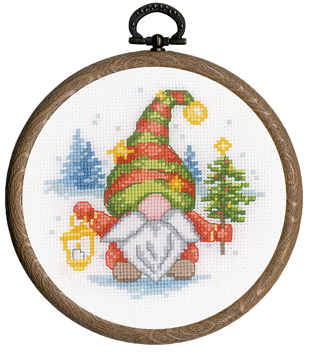 Three miniature cross stitch gnomes