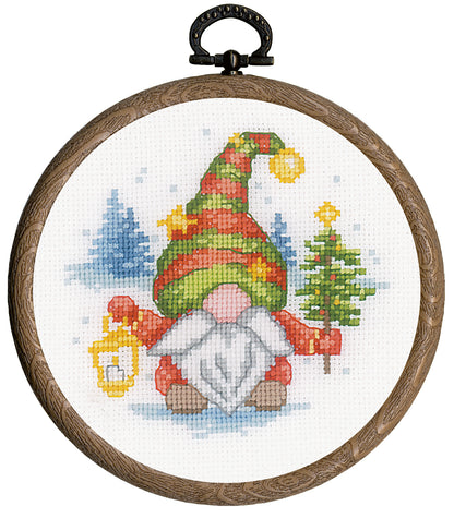 Three miniature cross stitch gnomes