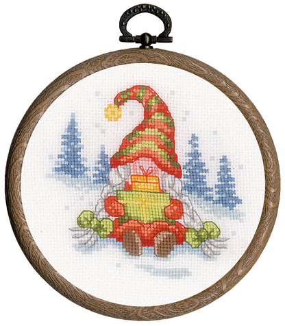 Three miniature cross stitch gnomes