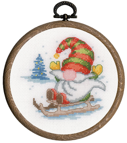 Three miniature cross stitch gnomes