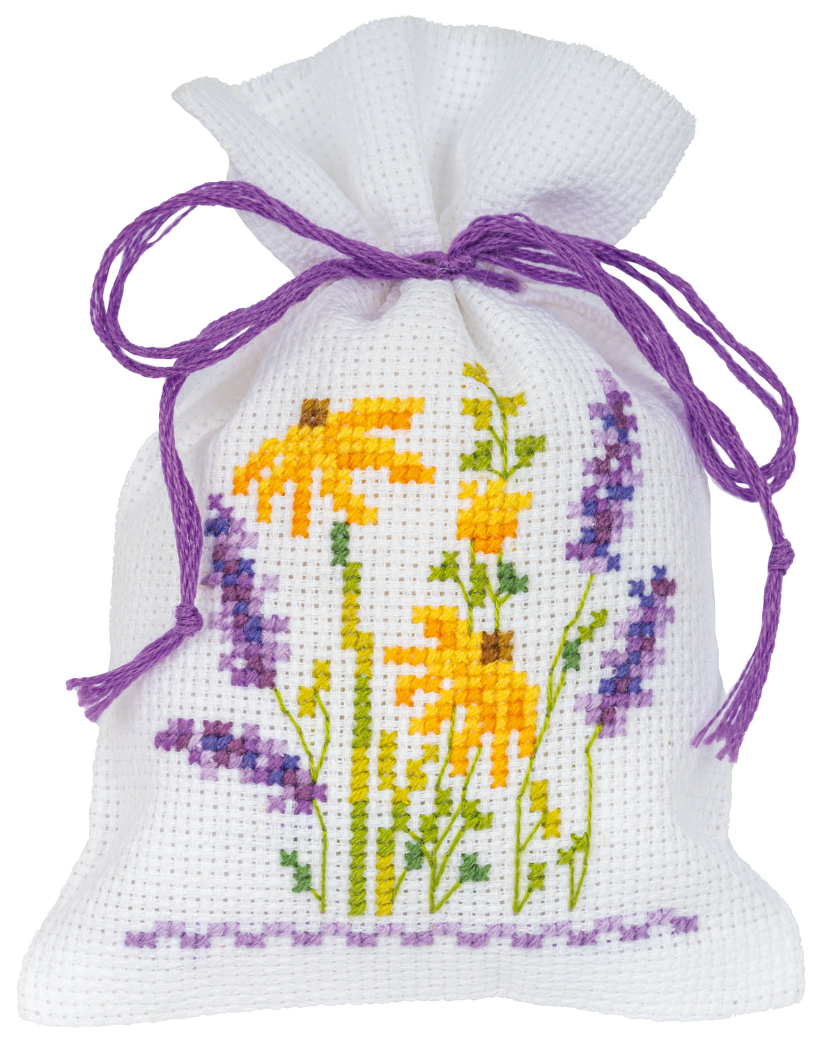 Three small cross stitch bags with lavender designs