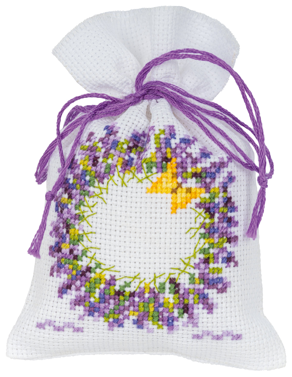 Three small cross stitch bags with lavender designs