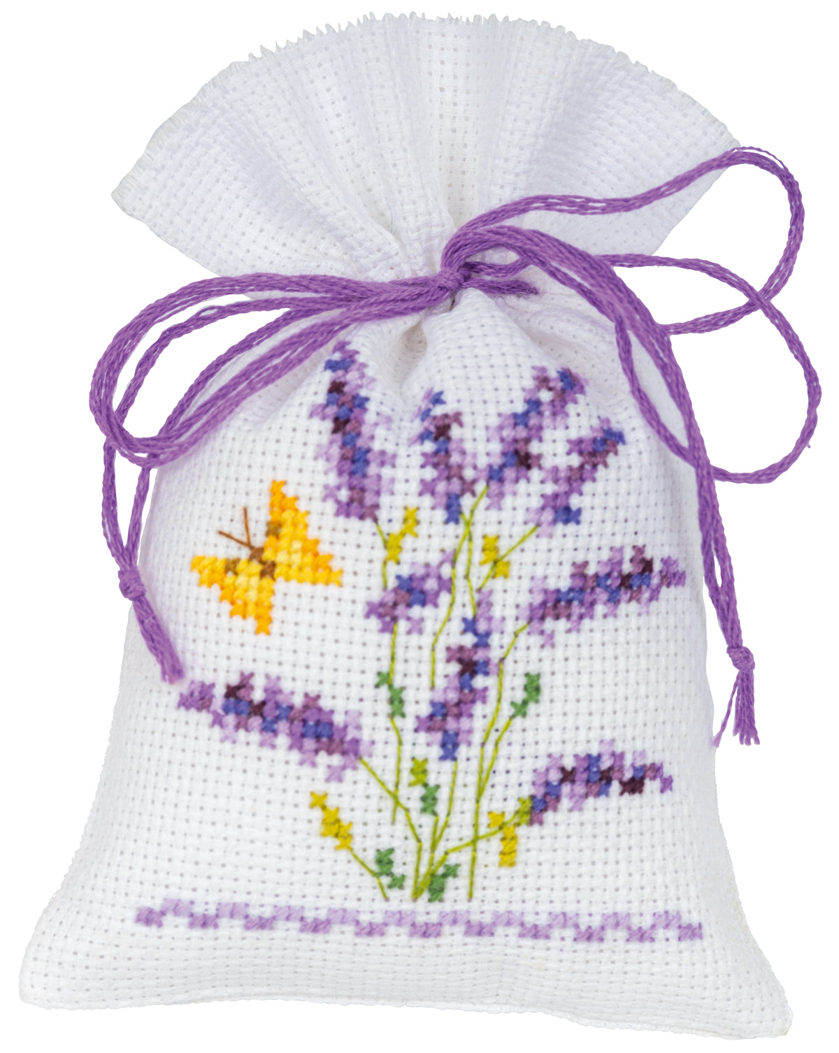 Three small cross stitch bags with lavender designs
