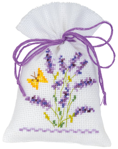 Three small cross stitch bags with lavender designs