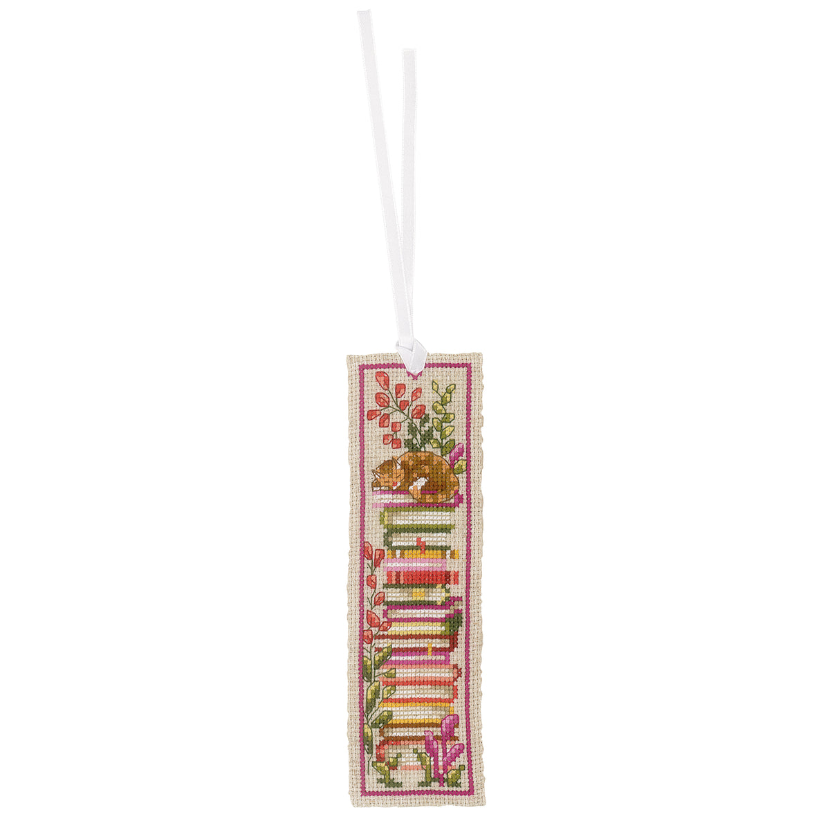 Two cross stitched bookmarks with cats sitting on stacks of books