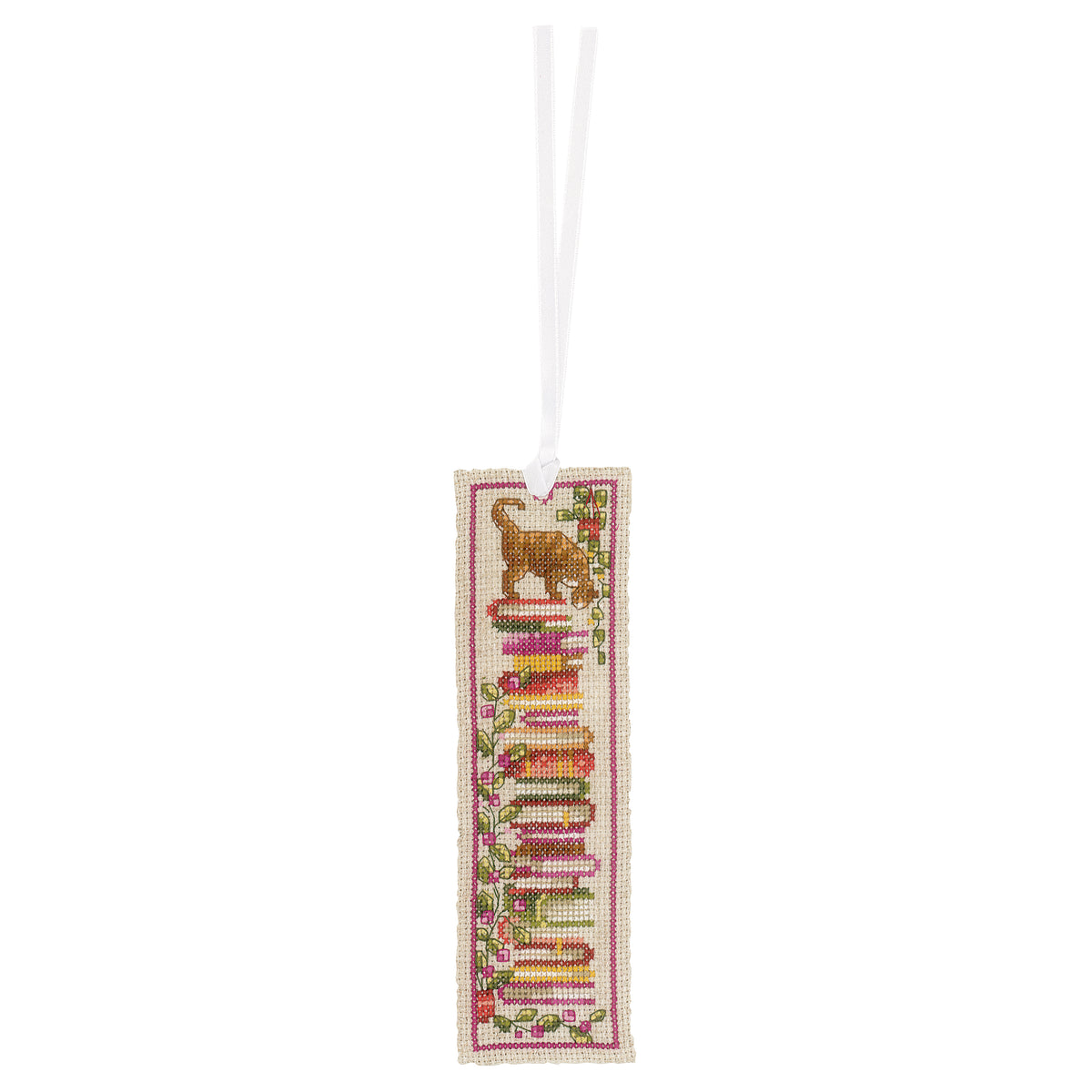 Two cross stitched bookmarks with cats sitting on stacks of books