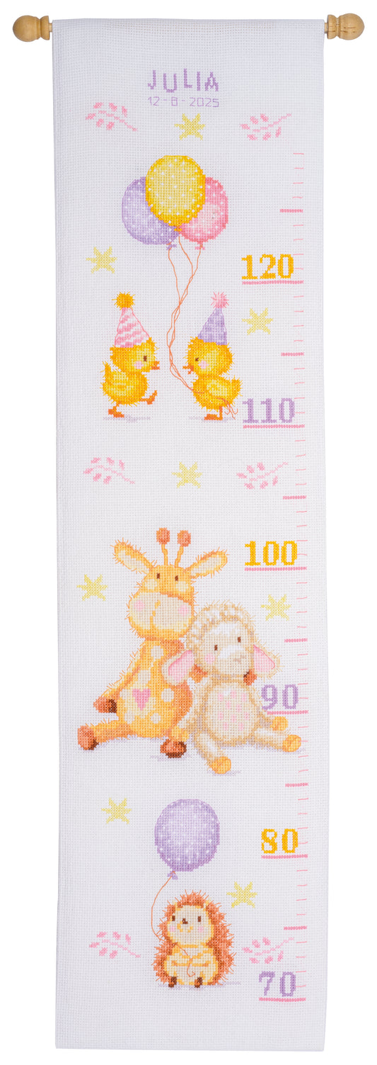 Cross stitched height chart decorated with party animals