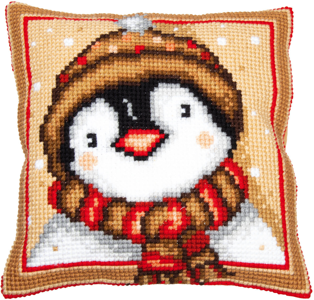 Cross stitch cushion with a penguin