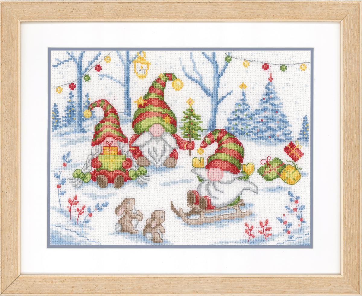 Cross stitch of gnomes having a party
