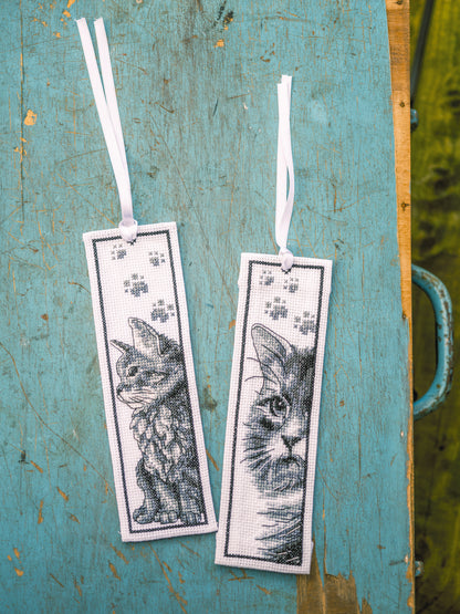 Two cross stitch bookmarks with cats