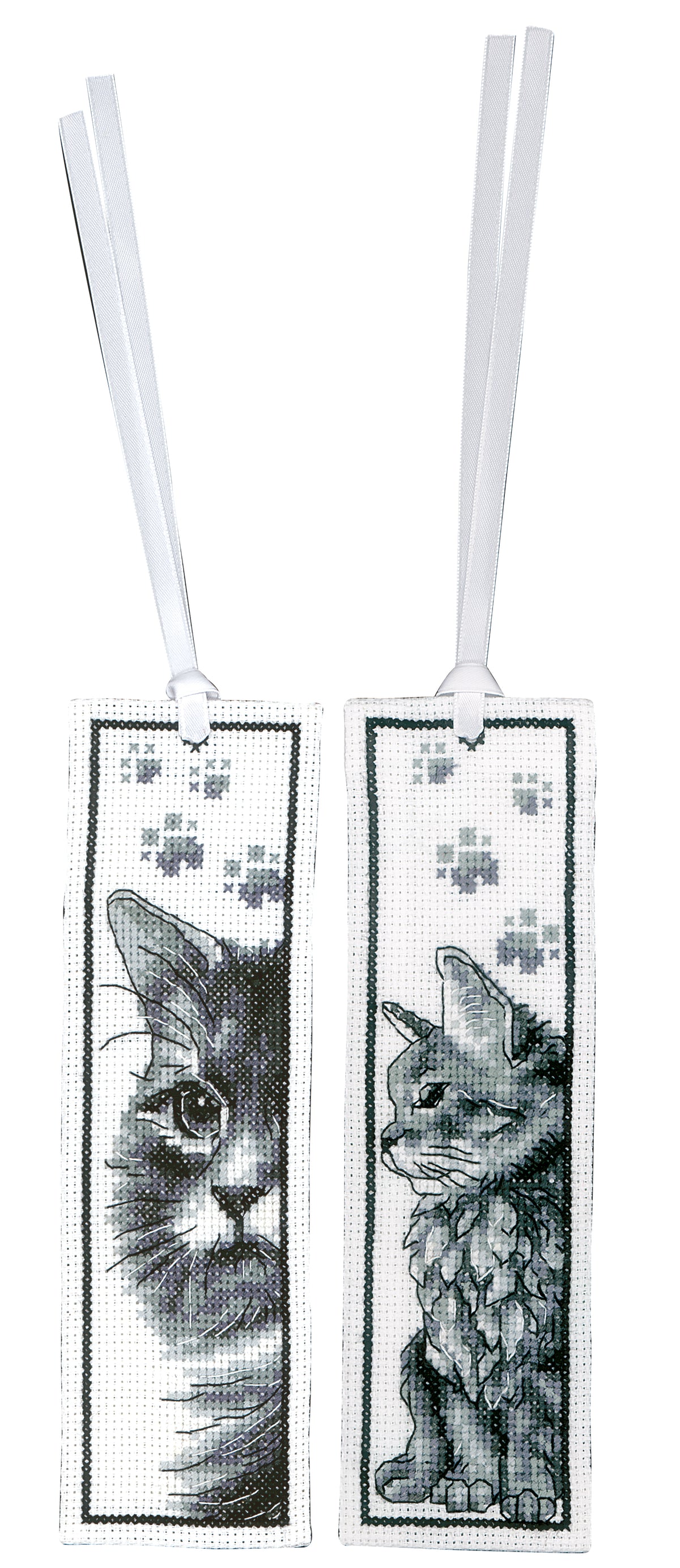Two cross stitch bookmarks with cats