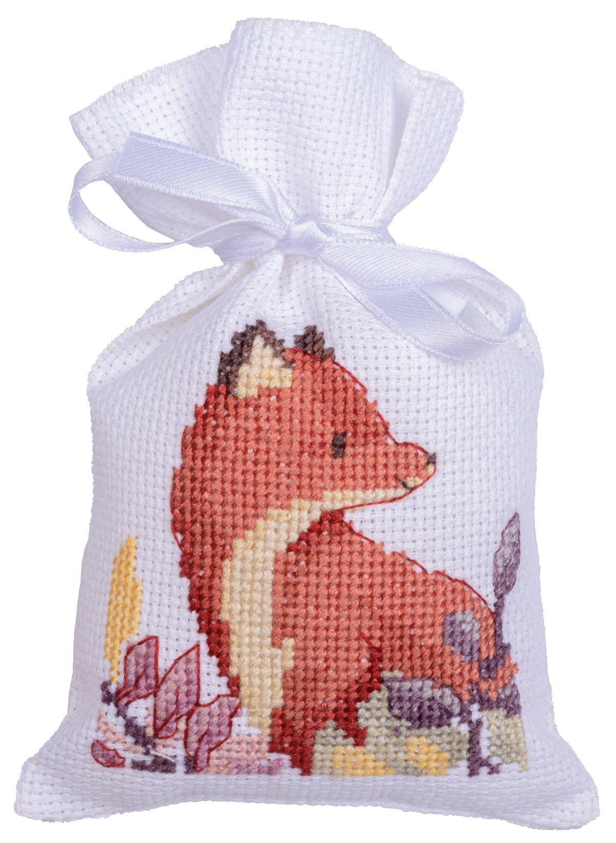 Three cross stitched woodland gift bags tied with ribbon