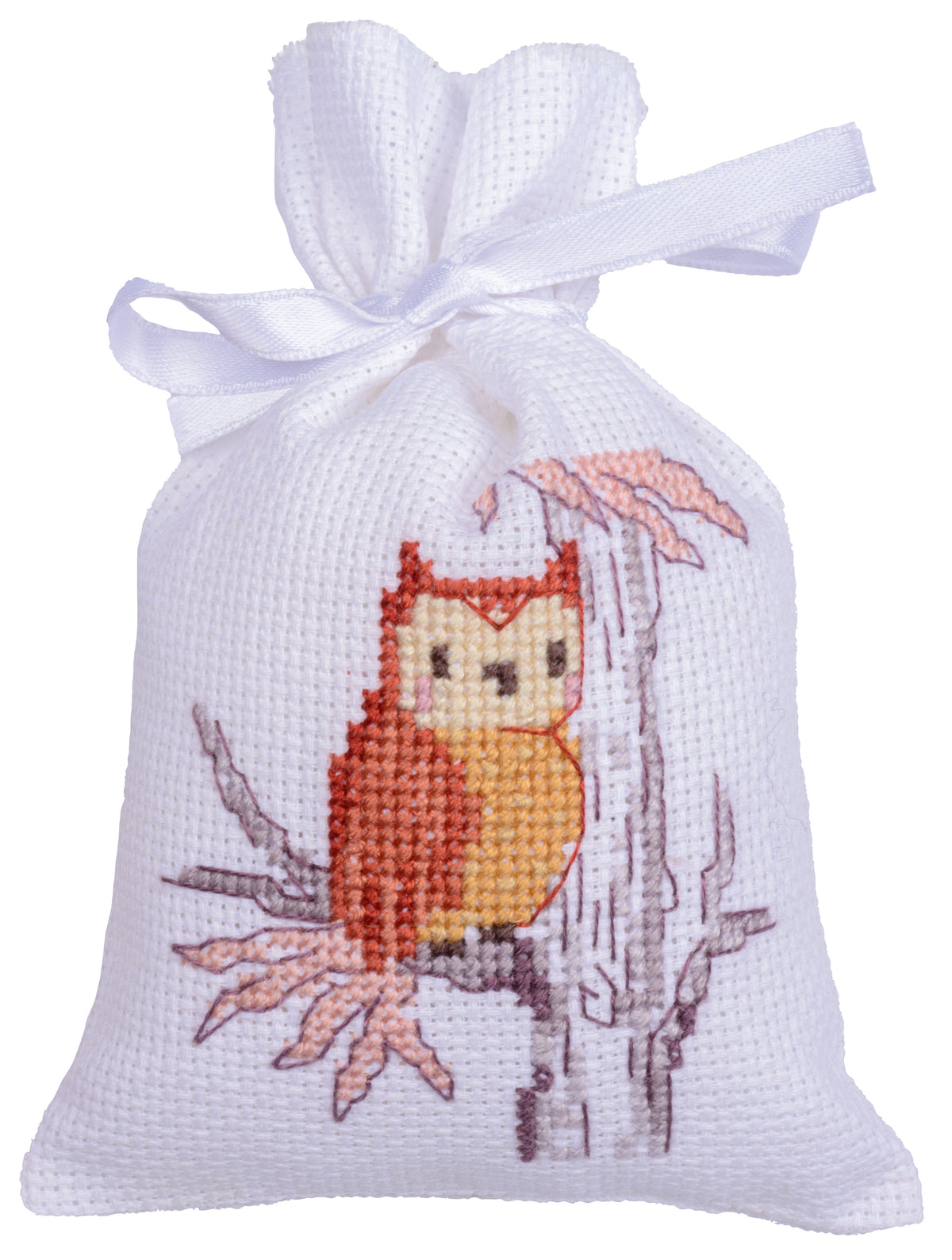 Three cross stitched woodland gift bags tied with ribbon