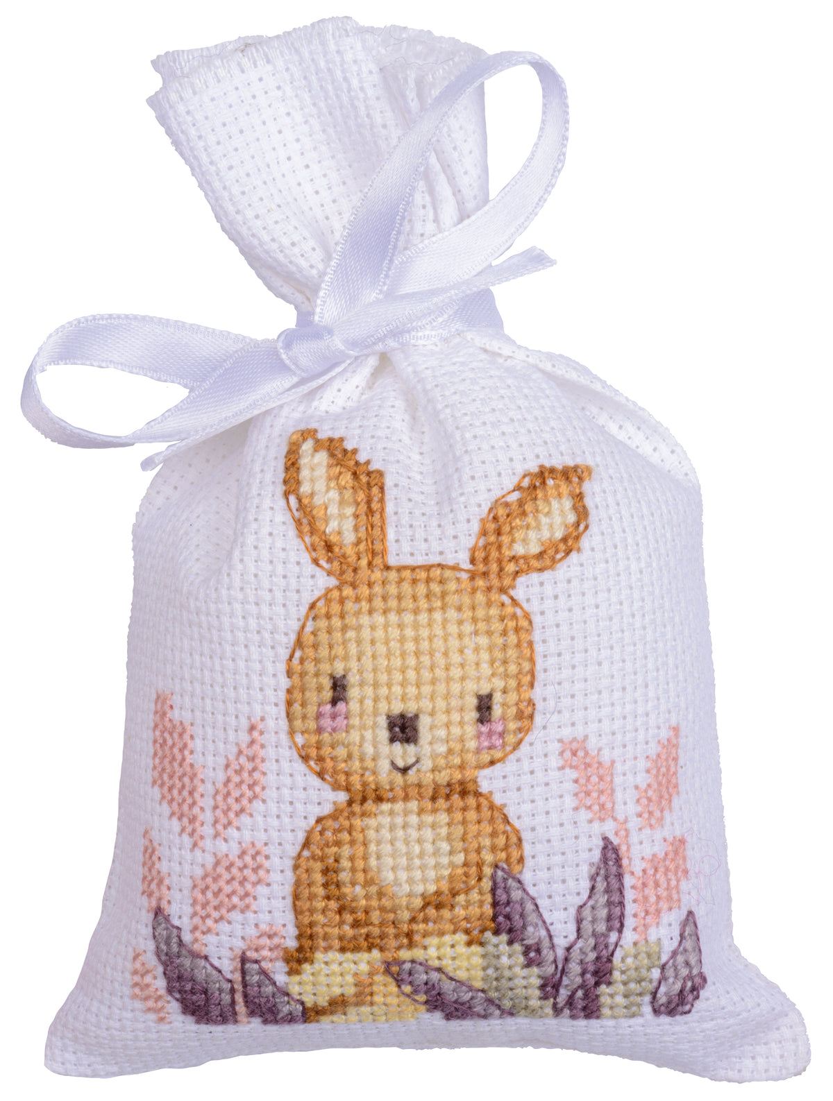 Three cross stitched woodland gift bags tied with ribbon