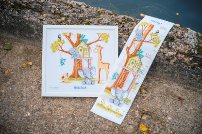 Vervaco At the Tree House Birth Record counted cross stitch kit showing the finished design