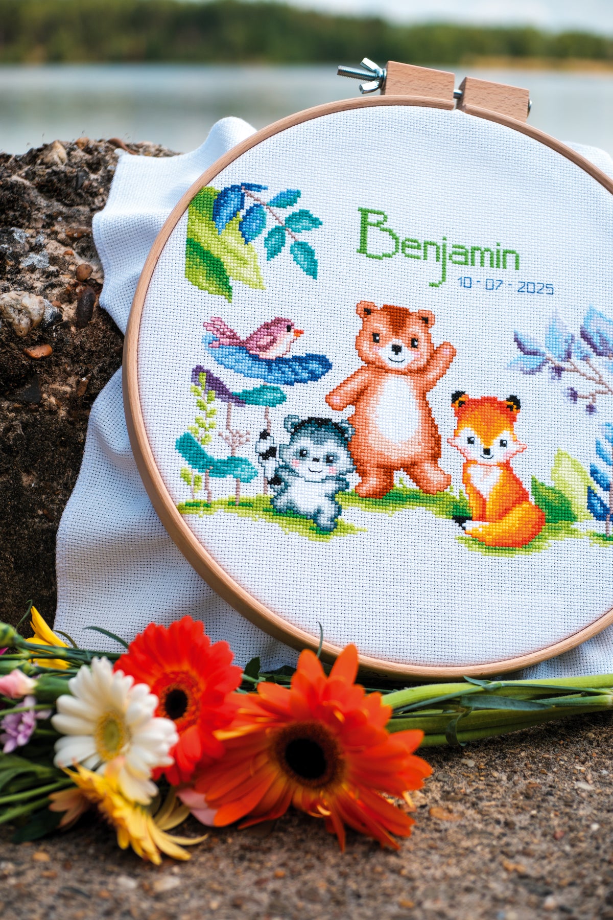 Vervaco Animals Birth Record counted cross stitch kit showing the finished design
