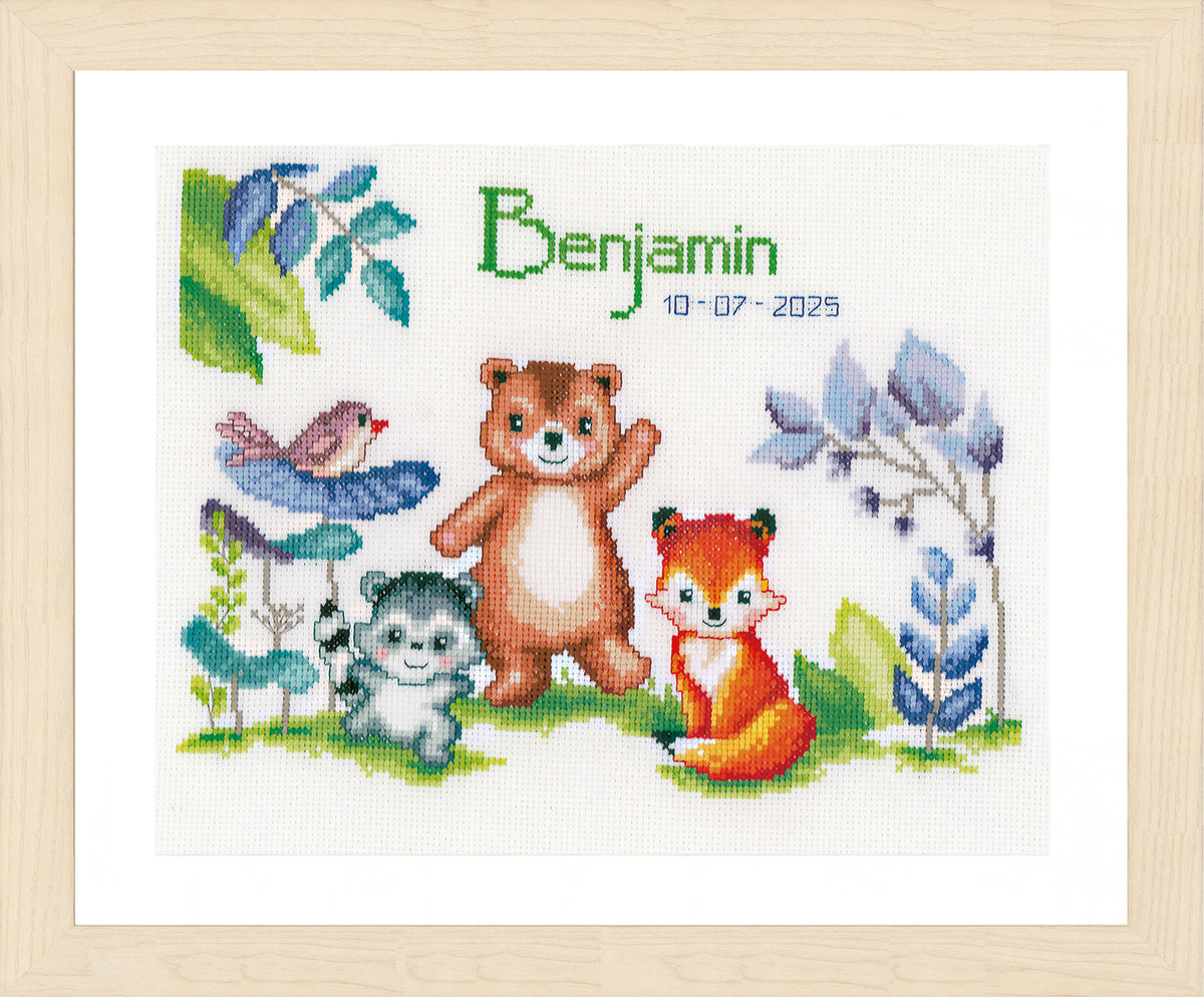 Vervaco Animals Birth Record counted cross stitch kit showing the finished design
