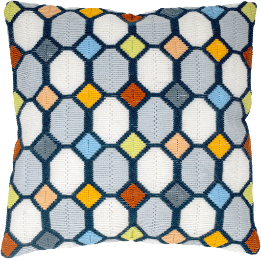 Vervaco Checkered long stitch cushion kit showing the finished cushion