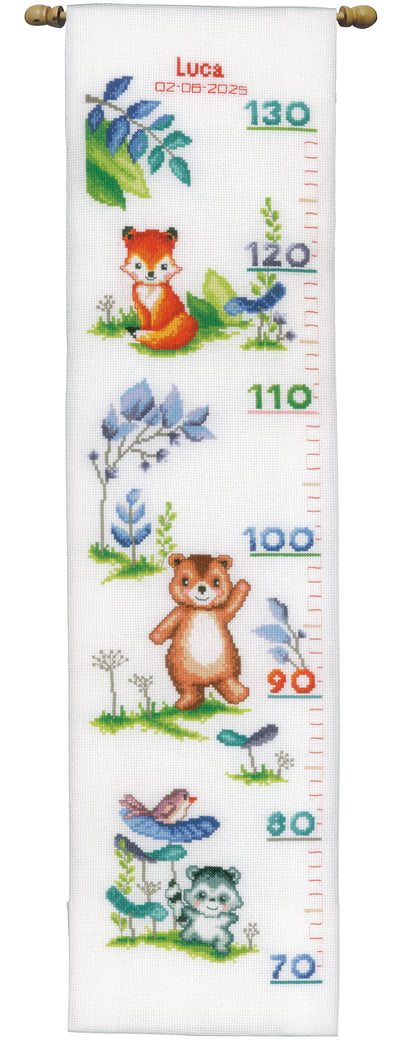 Vervaco Animals Height Chart counted cross stitch kit showing the finished design