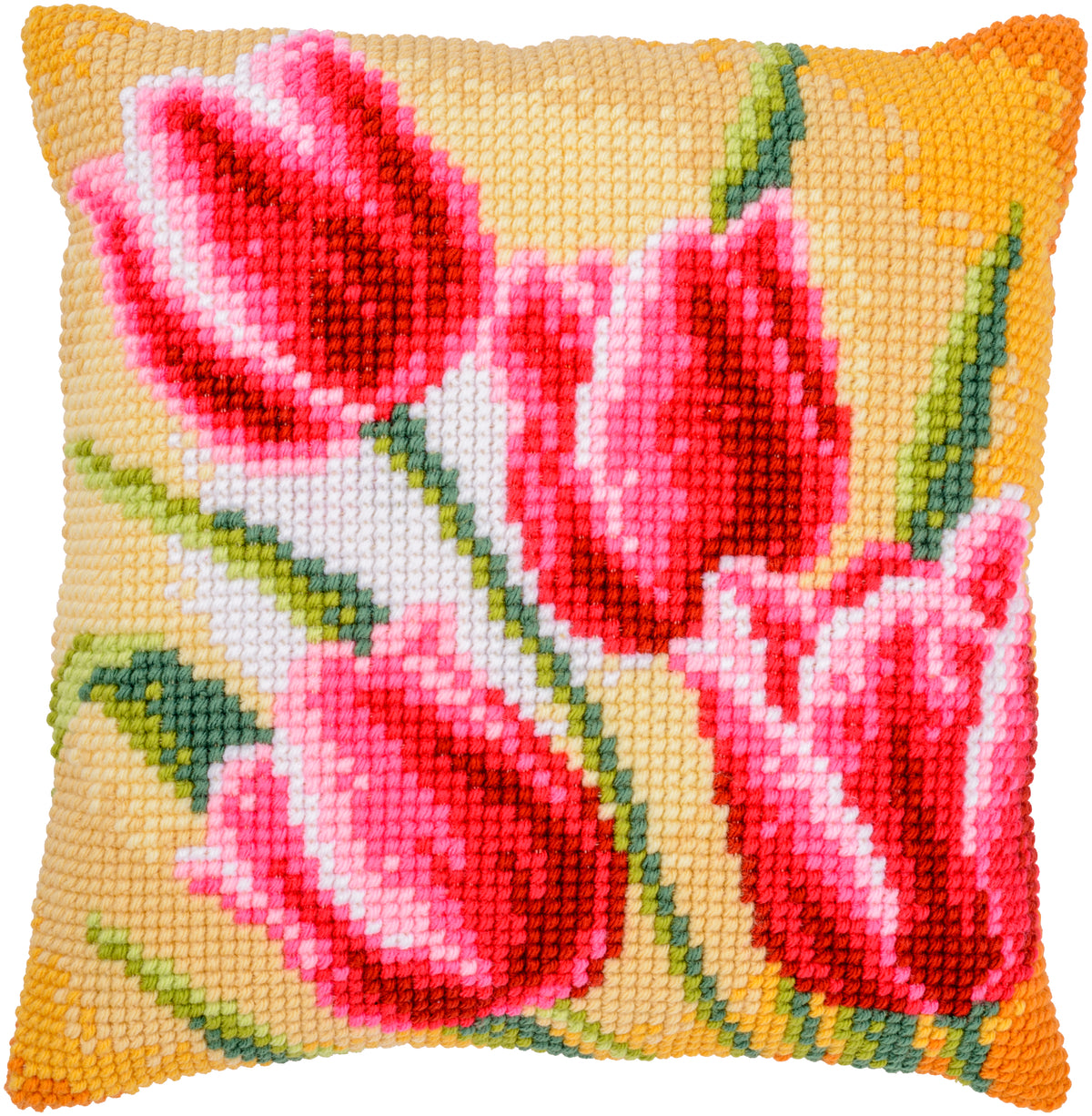 Vervaco Tulips cross stitch cushion kit showing the finished cushion