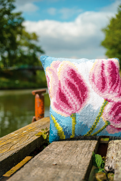 Vervaco Three Tulips cross stitch cushion kit showing the finished cushion