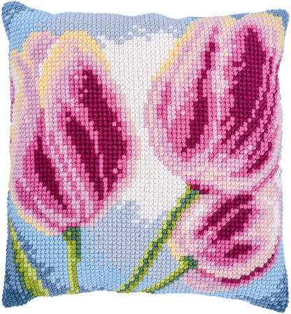 Vervaco Three Tulips cross stitch cushion kit showing the finished cushion