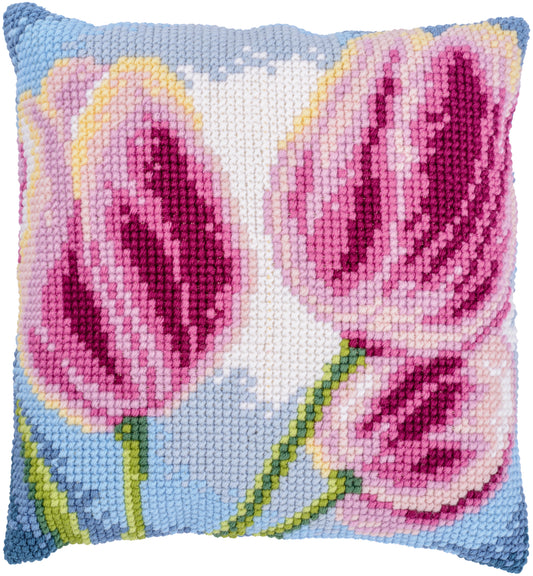 Vervaco Three Tulips cross stitch cushion kit showing the finished cushion