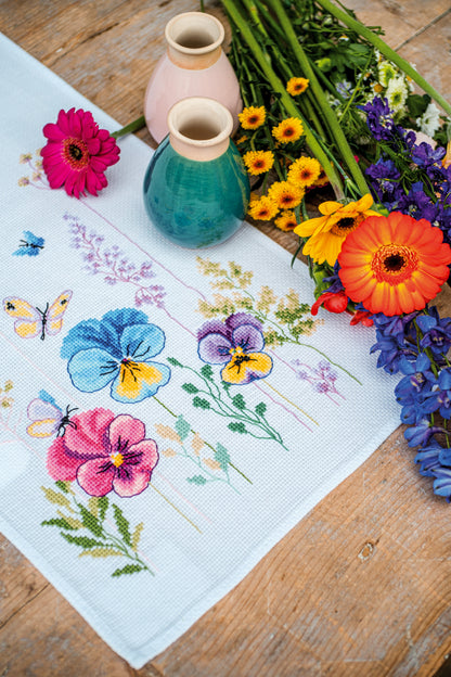 Vervaco Violets Table Runner counted cross stitch kit showing the finished design