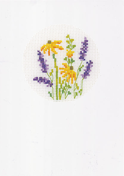 Three lavender cross stitch greetings cards