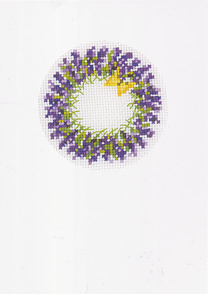 Three lavender cross stitch greetings cards