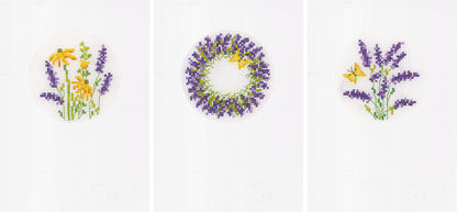 Three lavender cross stitch greetings cards