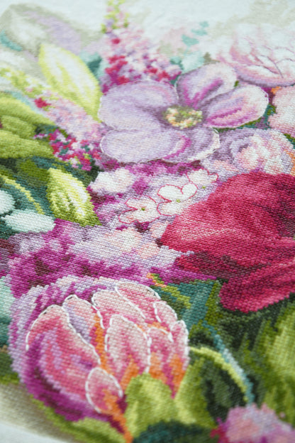 Lanarte Bright Florals Evenweave counted cross stitch kit showing the finished design