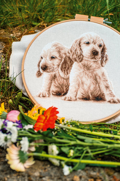 Vervaco Two Puppies counted cross stitch kit showing the finished design