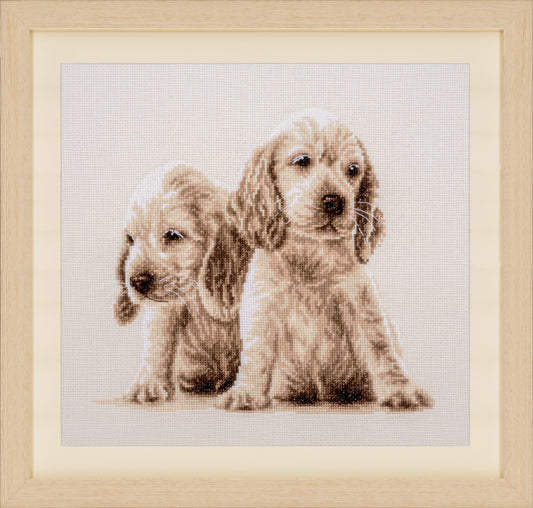 Vervaco Two Puppies counted cross stitch kit showing the finished design