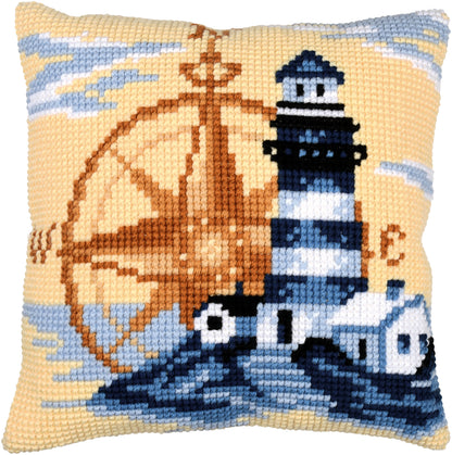 Vervaco Navy cross stitch cushion kit showing the finished cushion