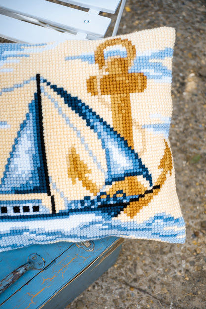 Vervaco Sailboat cross stitch cushion kit showing the finished cushion