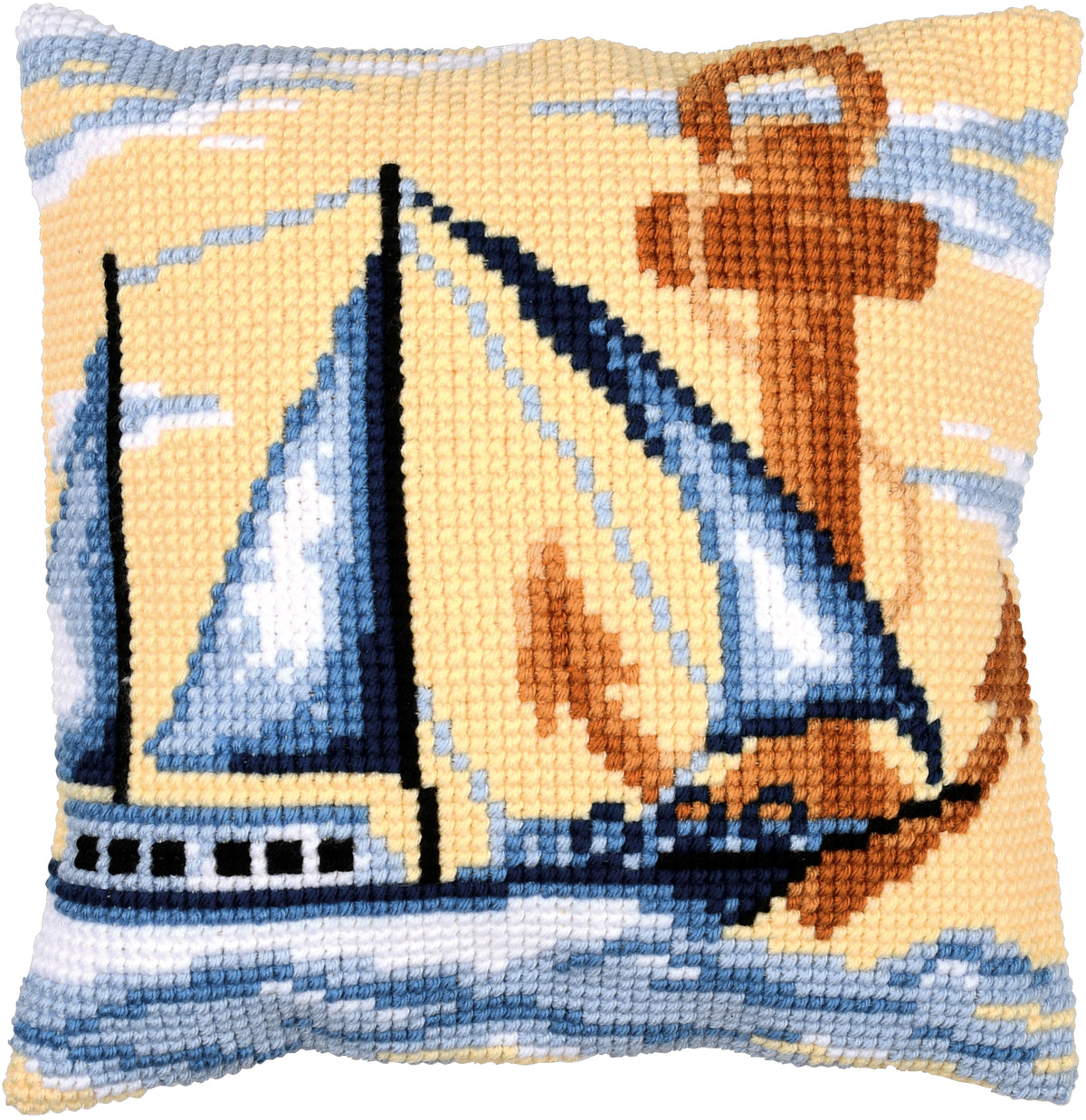Vervaco Sailboat cross stitch cushion kit showing the finished cushion