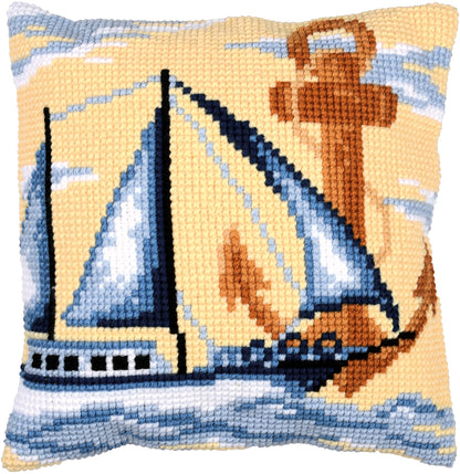 Vervaco Sailboat cross stitch cushion kit showing the finished cushion