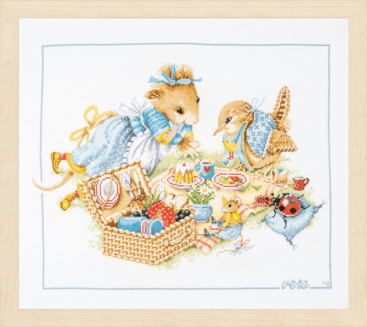 Lanarte Picnic with Vera counted cross stitch kit showing the finished design