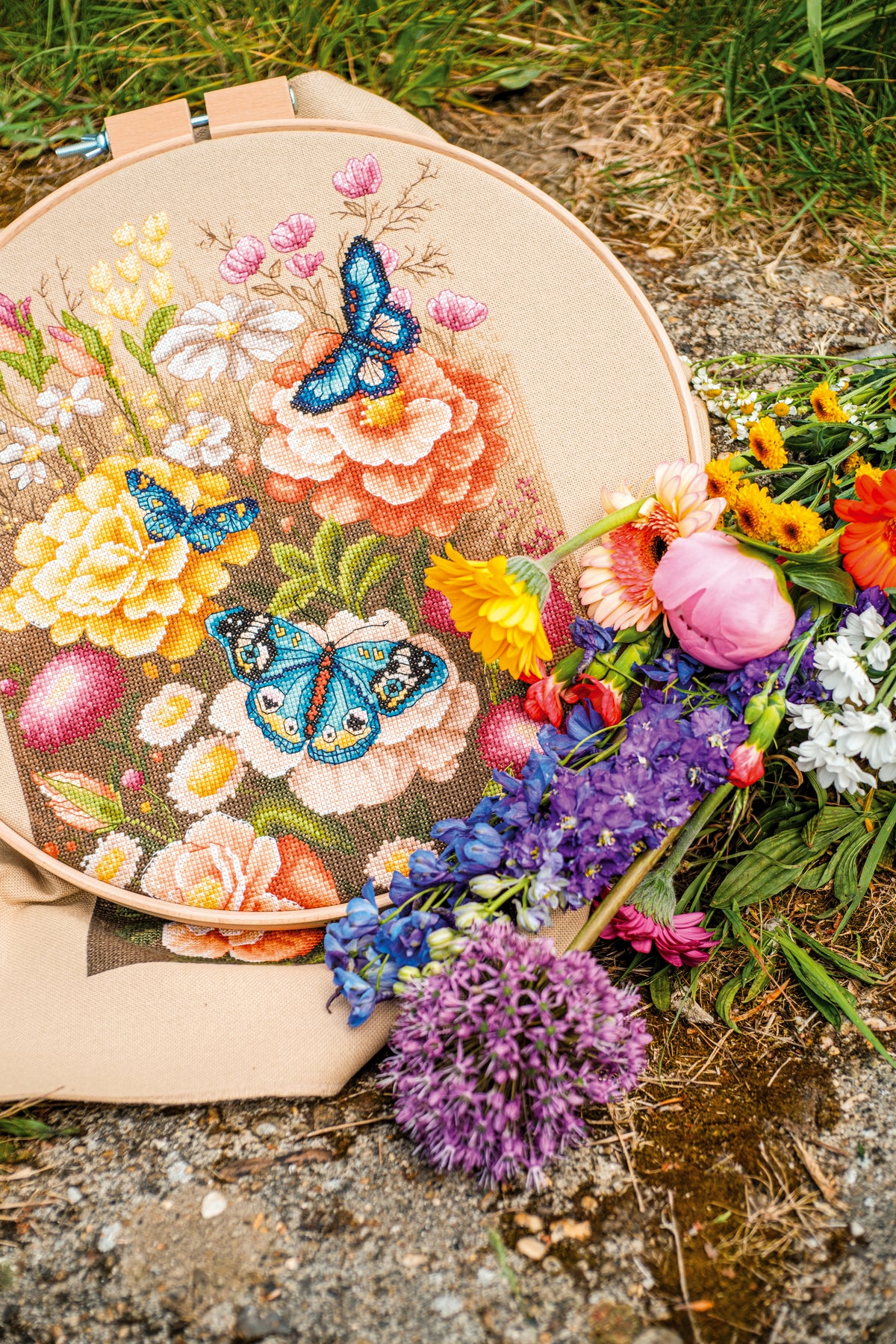 Lanarte Mystic Butterfly Garden counted cross stitch kit showing the finished design