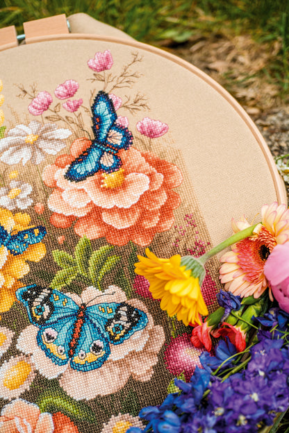 Lanarte Mystic Butterfly Garden counted cross stitch kit showing the finished design
