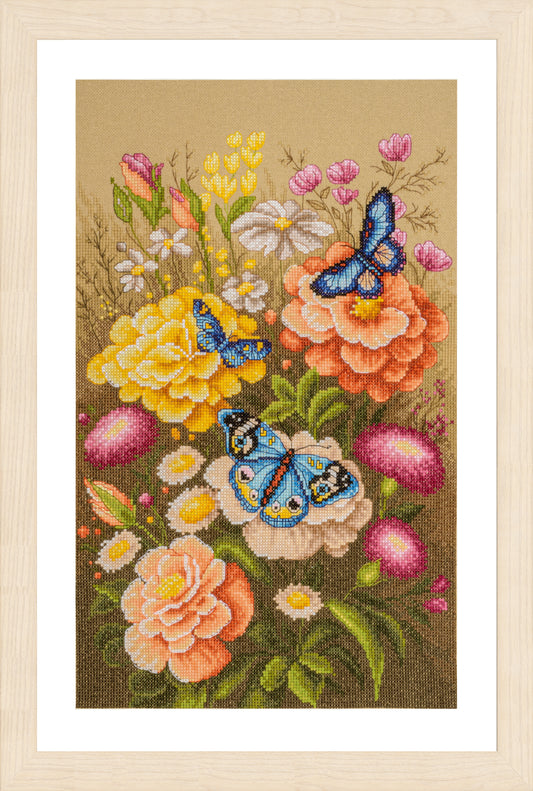 Lanarte Mystic Butterfly Garden counted cross stitch kit showing the finished design
