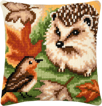 Vervaco Hedgehog and Robin cross stitch cushion kit showing the finished cushion