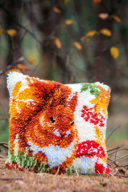 Vervaco squirrel in autumn latch hook cushion kit showing the finished cushion
