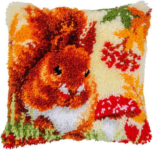 Vervaco squirrel in autumn latch hook cushion kit showing the finished cushion