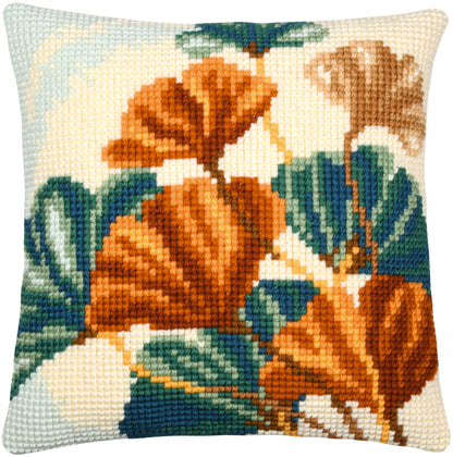 Vervaco Ginkgo Leaves cross stitch cushion kit showing the finished cushion