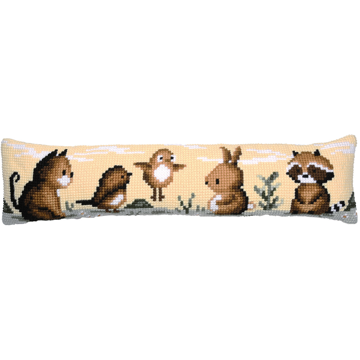 Vervaco animals cross stitch draught excluder kit showing the finished piece