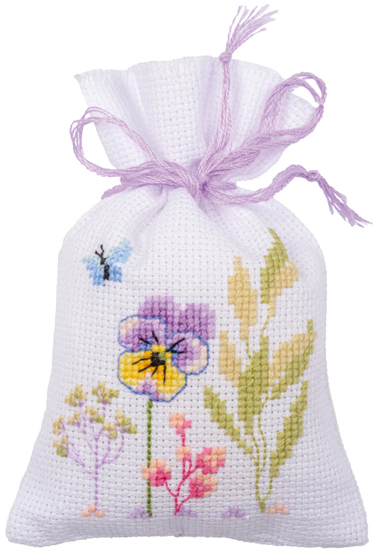 Vervaco Violets Gift Bags counted cross stitch kit showing the finished design