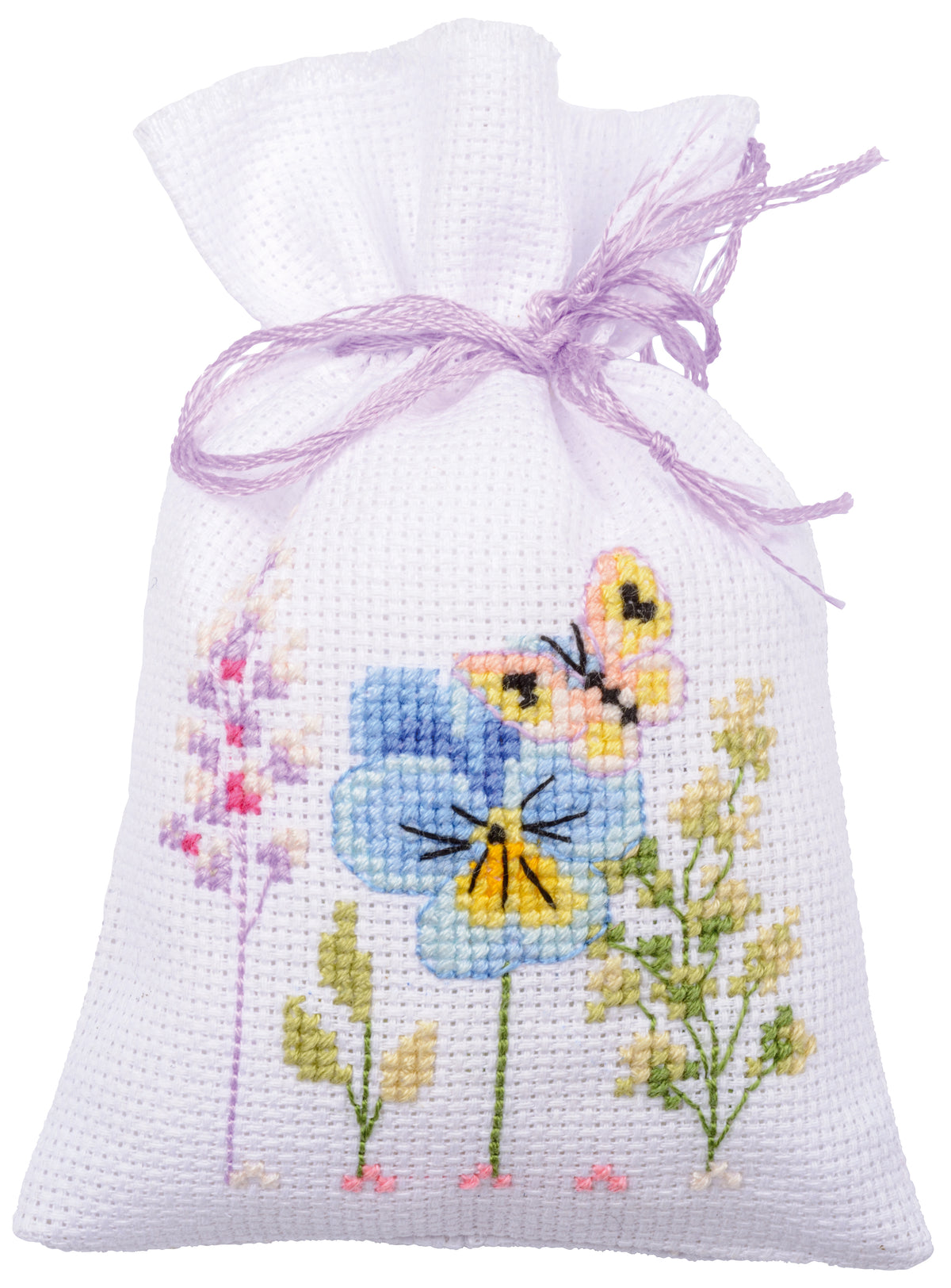Vervaco Violets Gift Bags counted cross stitch kit showing the finished design